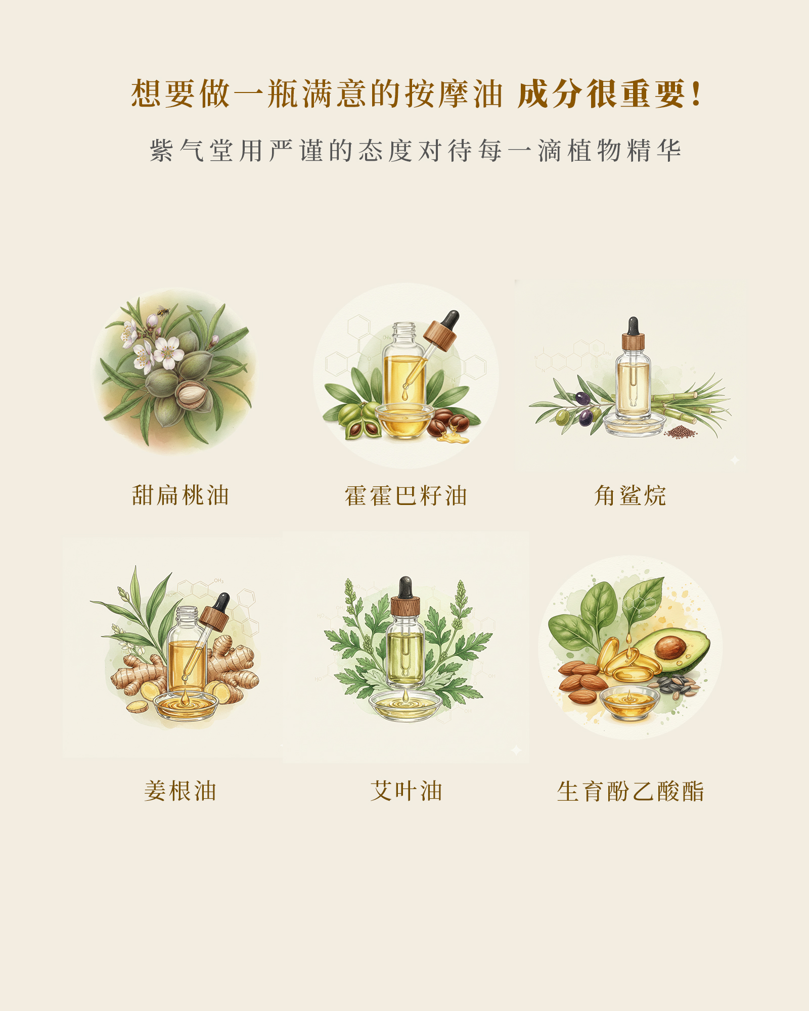 植物原料与产品主图中的按摩油